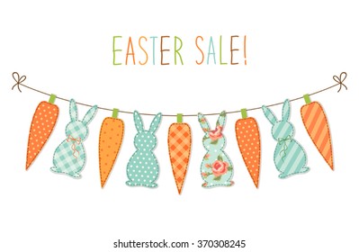 Cute childish Easter bunting with bunnies and carrots and hand written text Easter Sale for your decoration