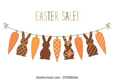 Cute childish Easter bunting with bunnies and carrots and hand written text Easter Sale for your decoration