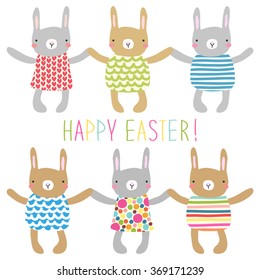 Cute childish Easter greeting card with different hand drawn bunnies holding hands and hand written text Happy Easter