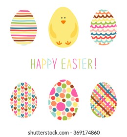 Cute childish Easter greeting card with colorful hand drawn eggs and hand written text Happy Easter
