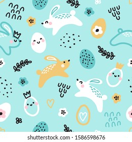 Cute childish Easter seamless pattern with hand drawn rabbits and eggs, creative spring design in naive art doodle style. Kids and baby nursery texture ideal for textile, wallpaper, apparel etc