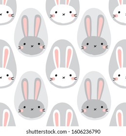 Cute childish Easter seamless pattern with hand drawn rabbit egg shaped portraits, creative spring design in naive art doodle style, baby nursery texture ideal for textile, wallpaper, apparel etc