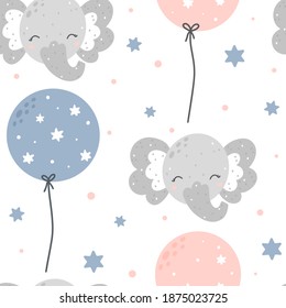 Frische Elefanten nahtlos mit Ballons. Handgezeichnete skandinavische Vektorgrafik.