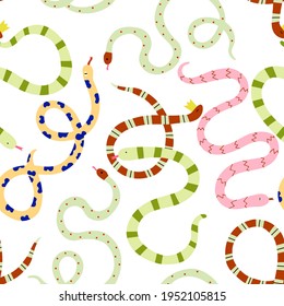 Cute childish fabric design with colorful snakes. Vector seamless pattern in hand drawn style. 