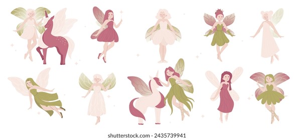 Cute childish fairy. Cartoon fantasy girl with magic wand and unicorn, magic princess characters for kids design. Vector isolated set of fantasy magic cute girls illustration