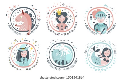 Cute Childish Fairy Tale Cartoon Characters Set, Unicorn, Princess, Knight, Witch, Cat, Mermaid, Decoration Design Elements. Vector Illustration.