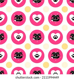 cute childish fat black tabby cat wearing eyeglasses and paw in love heart pink bright circle seamless pattern yellow polka dot background. Valentine animal art texture vector illustration design.