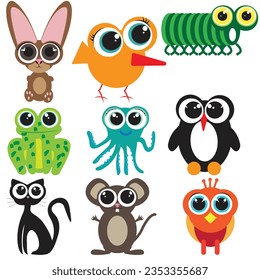 Cute childish flat design animals figures; rabbit, birt, worm, frog, octopus, penguin; cat; mouse; bird characters with huge eyes