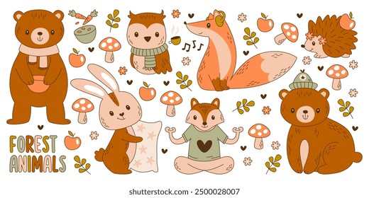 Cute childish forest animals characters vector illustration. Little baby autumn woodland inhabitant with mushroom, apple, fall leaves decoration. Bear, fox, raccoon, bunny, hedgehog, owl bird mascot