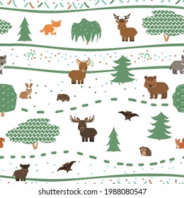 Cute childish forest animals seamless pattern. Wolf fox bear deer doe elk squirrel hare bat turtle hedgehog. Vector illustration on white background