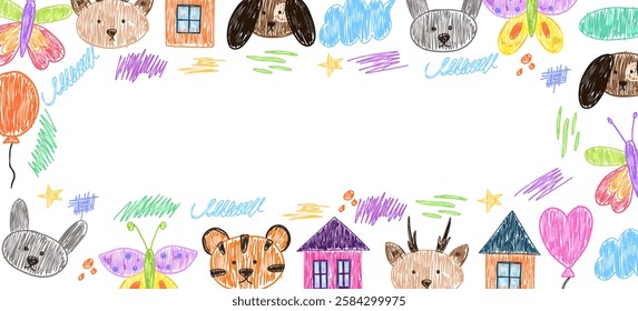 Cute childish frame with crayon drawn elements
