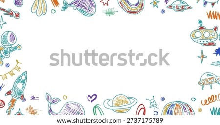 Cute childish frame with scribble planets, rockets and stars. Frame crayon kindergarten illustration ideal for kids graphics, baby backgrounds, classroom posters and creative text layouts.