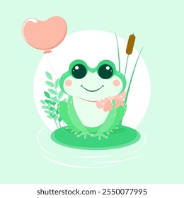 Cute childish frog girl in sitting pose. Vector illustration. Cheerful, lovely character.