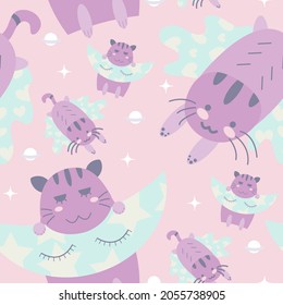 Cute childish funny astronaut cat seamless pattern on pink cosmic space background comprises mystic moon, kitty fly, star, galaxy. Design for baby, print decoration. Planet art vector illustration.