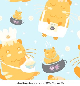 Cute childish funny chef cat wears apron and cooking food with egg beater, cup seamless pattern on bright light blue background. Design for baby, print decoration. coffee cafe art vector illustration.