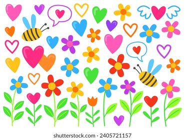 Cute childish funny colorful illustrations. Flowers, hearts, bees. A collection of simple cartoon pictures.