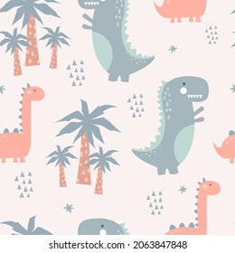 Cute childish gender neutral dinosaur seamless pattern, palm tree beach kids textile, fabric vector surface pattern.