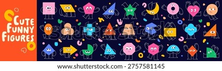 Cute childish geometric characters. Color elements with tiny stick legs, big eyes and funny emotions.