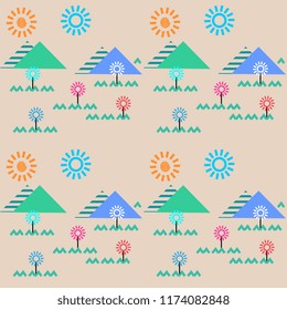 Cute childish geometric drawing seamless pattern with mountain panorama, sun and flowers vector illustration children style.