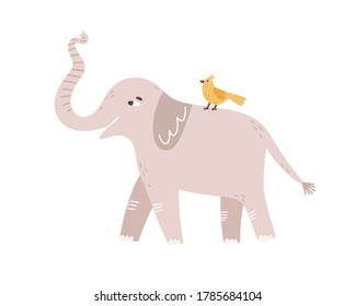 Cute childish gray elephant raising up trunk vector flat illustration. Little amusing bird sitting on back of huge wild animal isolated on white. Funny cartoon characters friends walking together