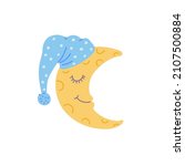 Cute childish half moon with calm face and nightcap, flat vector illustration isolated on white background. Cartoon character of crescent in sleeping hat.