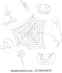 Lindos Elementos de garabatos infantiles de Halloween con calabaza, fantasma, vela, dulces, piruleta y Vectores de telaraña