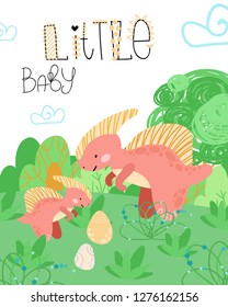 Cute childish hand drawing. Prehistoric period. Vector scandinavian illustration. Sketch of jurassic reptiles. Cartoon dinosaurs, eggs, trees. Template baby banner, greeting card, invitation