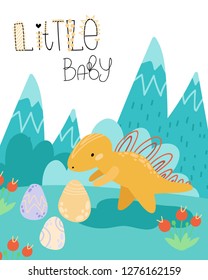 Cute childish hand drawing. Prehistoric period. Vector scandinavian illustration. Sketch of jurassic reptiles. Cartoon dinosaurs, eggs, mountains. Template baby banner, greeting card, invitation
