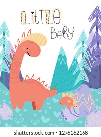 Cute childish hand drawing. Prehistoric period. Vector scandinavian illustration. Sketch of jurassic reptiles. Cartoon dinosaurs, eggs, mountains. Template baby banner, greeting card, invitation