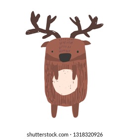 Cute childish hand drawn brown deer illustration isolated on white background. Kids moose character for print design, stickers, background decoration