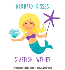 Cute childish hand drawn cartoon character of little mermaid with sea starfish, shell and lettering quote