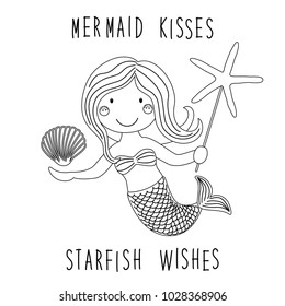 Cute childish hand drawn cartoon character of little mermaid with sea starfish, shell as coloring page