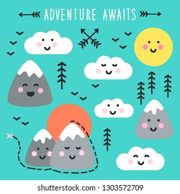 Cute childish hand drawn elements with Kawaii Mountains landscape for your decoration
