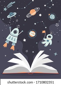 Cute childish hand drawn flat space design template with open book. Vector universe print for nursery, kids poster, postcard, with space, spaceship, rocket, moon, stars, planets, astronaut.