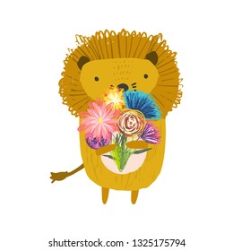 Cute childish hand drawn orange lion with bouquet of daisy flowers, illustration isolated on white background. Kids sketchy great safari cat character for print design, stickers, background decoration