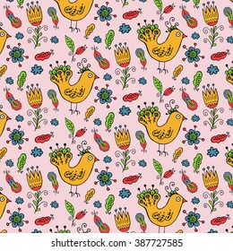 Cute childish hand drawn pattern with birds.