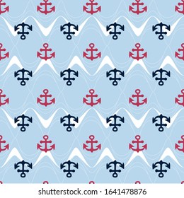 Cute Childish hand drawn red and blue anchor on a background of blue waves. Vector cartoon seamless pattern