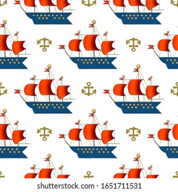 Cute Childish hand drawn sailboat with red sails and anchor on white background. Vector cartoon seamless pattern