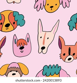 cute childish hand drawn seamless pattern with funny cute colorful dogs on the pink background