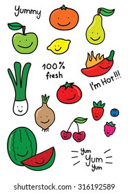 Cute, childish hand drawn vector illustrations of fruit and vegetables with happy faces.