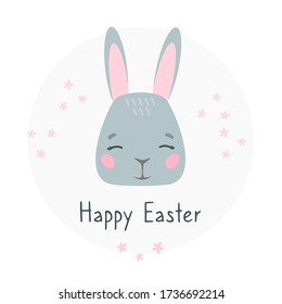 Cute childish happy easter illustration. Easter bunny gray with pink. Baby card, print isolated on white