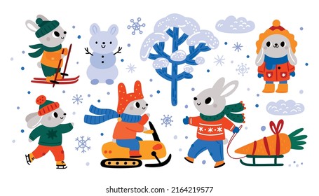 Cute childish hare characters in cartoon style. Winter bunny animals. Merry Christmas 2023 and Happy new year illustration for kids. Rabbits and snowflake holiday hand drawn season collection 