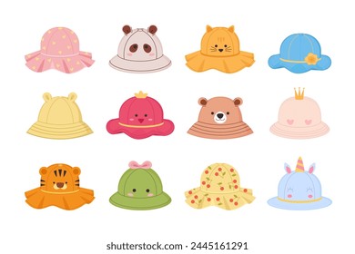 cute childish hats. funny cartoon summer headwear collection, beautiful cute different shaped panamas with animals and patterns. vector cartoon isolated objects set.