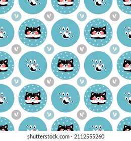 cute childish heart love around mad black tabby cat head in angry, annoyed mood and paw scratch in bright circle seamless pattern blue polka dot background. animal hand drawn art vector icon design.