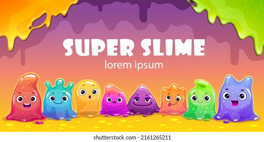 Cute childish horizontal banner with colorful tiny slime characters and slime drops. Vector cartoon template for web or typography design.