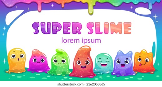 Cute childish horizontal banner with colorful tiny slime characters and slime drops. Vector cartoon template for web or typography design.