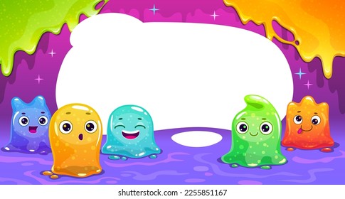 	
Cute childish horizontal banner with colorful tiny slime characters and slime drops. Vector cartoon template for web or typography design.