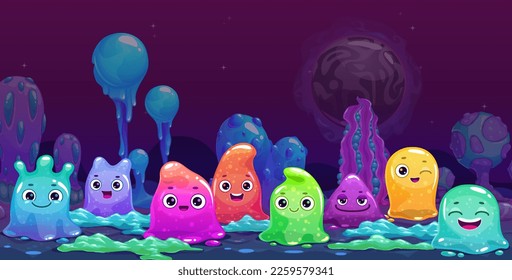 	
Cute childish horizontal banner with colorful tiny slime characters on the alien planet background. Vector cartoon illustration.