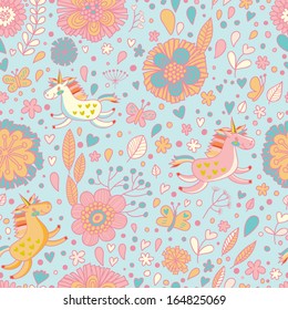 Cute childish horses in flower in pastel colors. Seamless pattern can be used for wallpapers, pattern fills, web page backgrounds, surface textures. Gorgeous seamless background