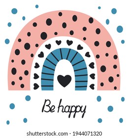 Cute childish illustration of an abstract rainbow with a heart in the center and calligraphic lettering "Be happy". Nursery poster, postcard in the Scandinavian style on a white background. Vector.